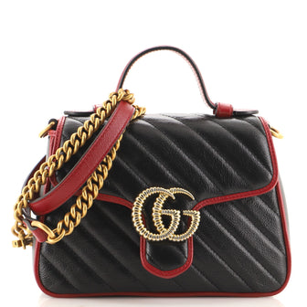 Gucci GG Marmont Top Handle Flap Bag Diagonal Quilted Leather Mini