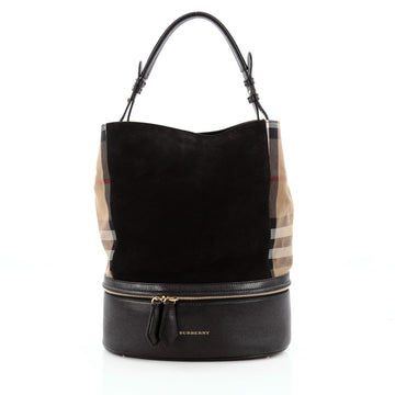 Burberry Becket Bucket Bag Nubuck with House Check Canvas Medium