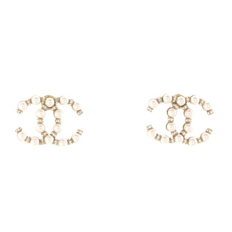 Chanel CC Logo Stud Earrings Faux Pearls and Metal with Crystal