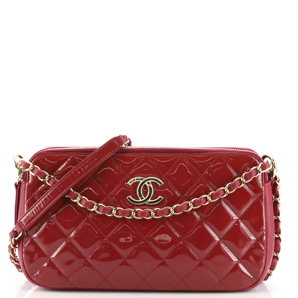CHANEL Patent Quilted Crown CC Double Zip Bag Blue 477966
