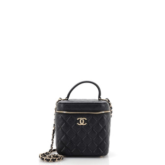 CC Top Handle Vanity Case with Chain Quilted Caviar Small