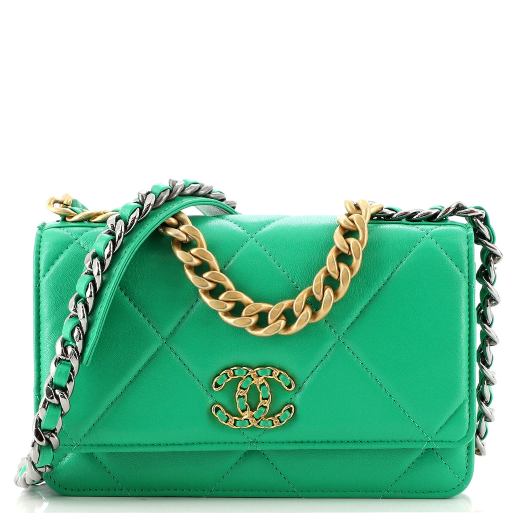 CHANEL Shiny Lambskin Quilted Chanel 19 Wallet On Chain WOC Green 894790