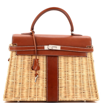 Picnic Kelly Handbag Brown Barenia and Wicker with Palladium Hardware 35