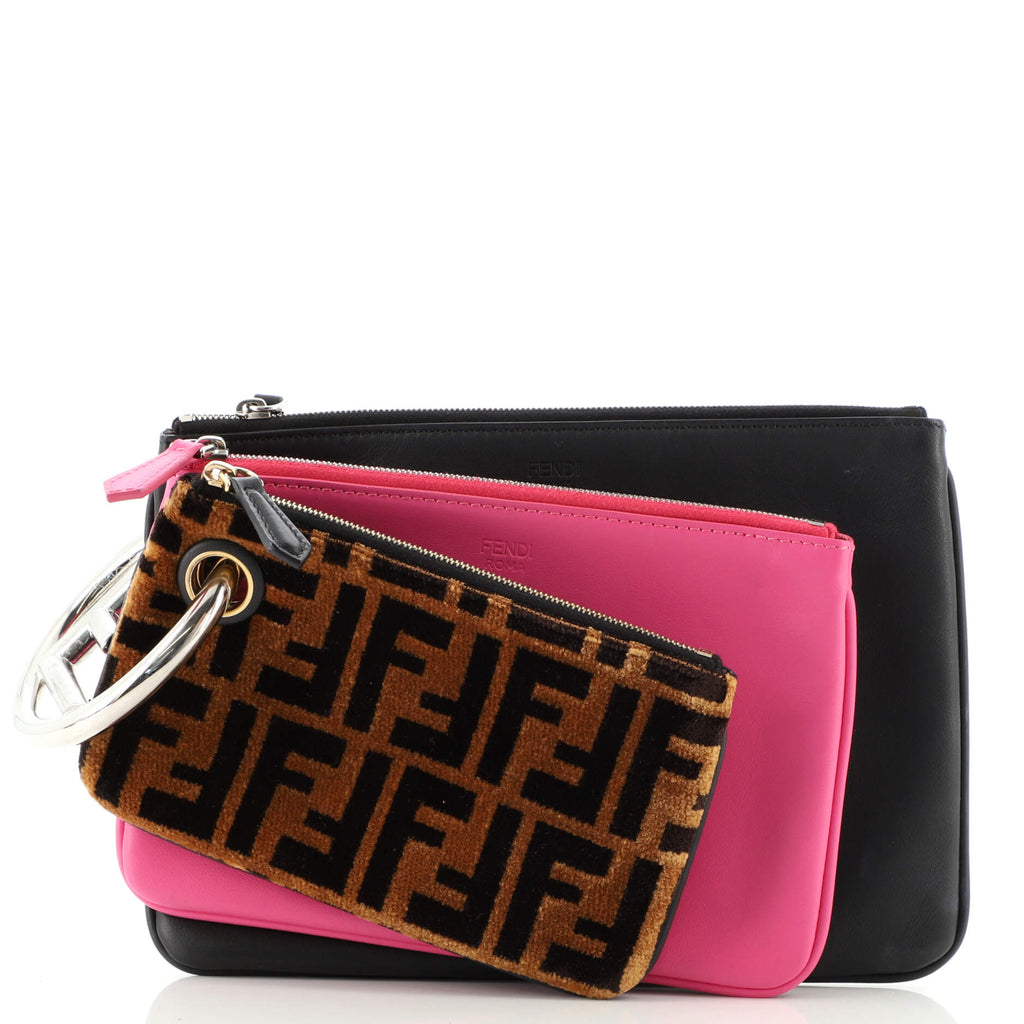 Fendi Triplette Pouch Set Calfskin with Zucca Velvet Black 135422190