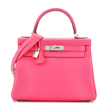 Hermes Kelly Handbag Pink Clemence with Palladium Hardware 28
