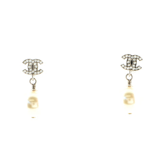 Chanel CC Dangle Earrings Crystal Embellished Metal with Faux Pearls