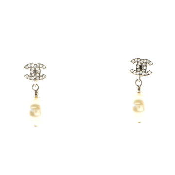 Chanel CC Dangle Earrings Crystal Embellished Metal with Faux Pearls