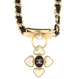 Chanel CC Hearts Dangle Choker Necklace Metal and Leather with Faux Pearls