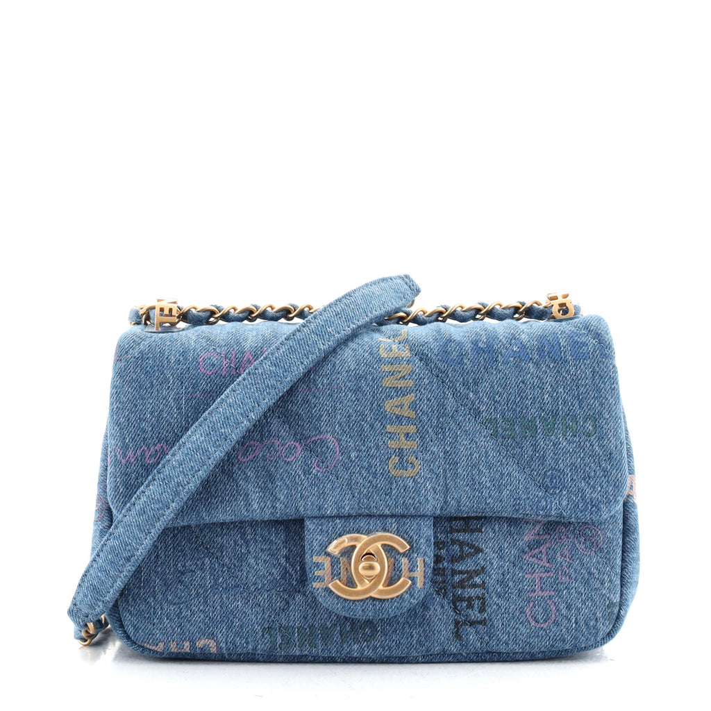 Chanel Denim Mood Flap Bag Logo Printed Quilted Denim Small Blue 1358001