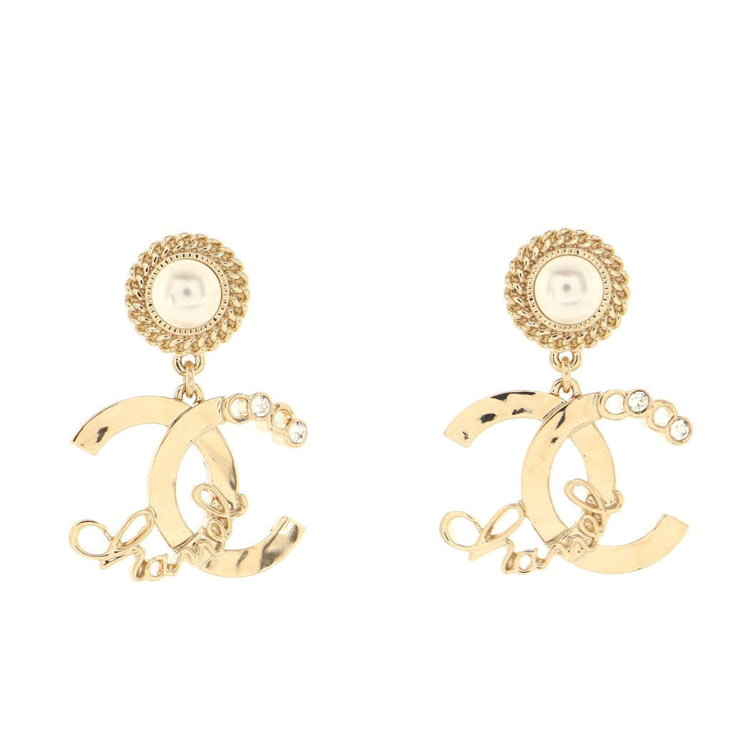 Chanel Coco Script CC Drop Earrings Metal with Faux Pearls and Crystals  Gold 1358021