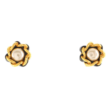 Chanel Vintage Round Clip-On Earrings Metal with Faux Pearls and Leather
