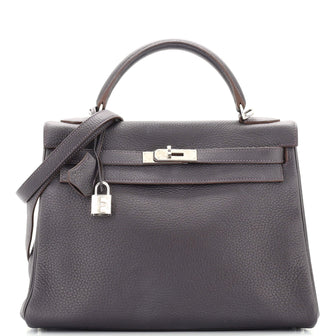 Hermes Kelly Handbag Purple Clemence with Palladium Hardware 32