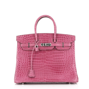 Hermes Birkin Handbag Pink Shiny Porosus Crocodile with Palladium Hardware 35