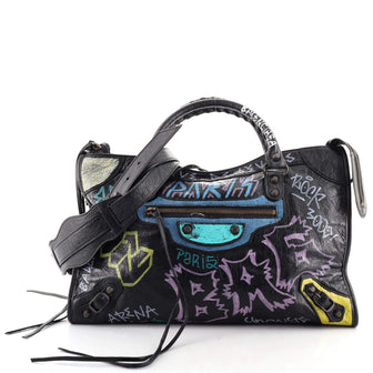 Balenciaga City Graffiti Classic Studs Bag Leather Medium