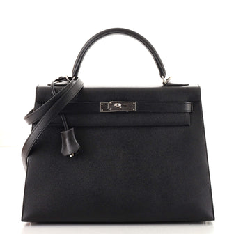 Hermes Kelly Handbag Black Epsom with Palladium Hardware 32