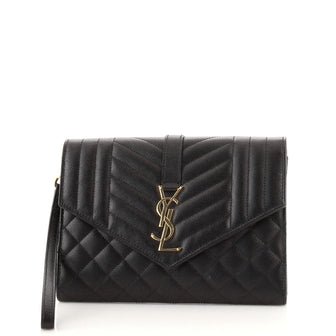 Saint Laurent Classic Monogram Flap Wristlet Clutch Matelasse Chevron Leather