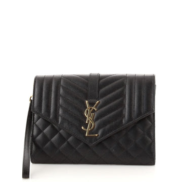 Saint Laurent Classic Monogram Flap Wristlet Clutch Matelasse Chevron Leather