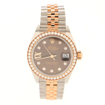 Rolex Oyster Perpetual Datejust Automatic Watch Stainless Steel and Rose Gold with Diamond Bezel and Markers and IX Numeral 28