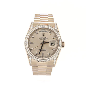 Rolex Oyster Perpetual President Day-Date Automatic Watch White Gold with Diamond Bezel, Round and Baguette Diamond Markers and Lugs 36