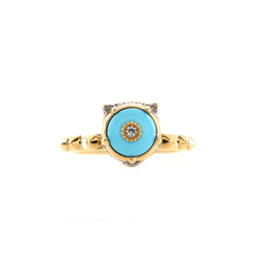 Gucci Le Marche Des Merveilles Feline Head Cocktail Ring 18K Yellow Gold with Turquoise and Diamonds