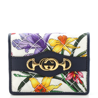 Gucci Zumi Flap Card Case Quilted Flora Canvas
