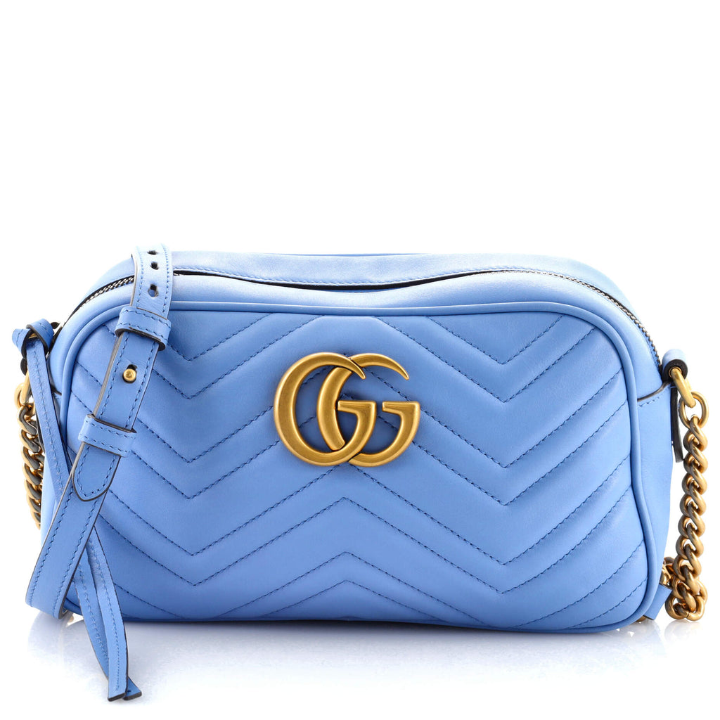 GUCCI GG Marmont Small Shoulder Bag in Blue Matelassé Leather