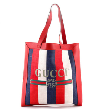 Gucci Logo Tote Striped Canvas and Leather Medium