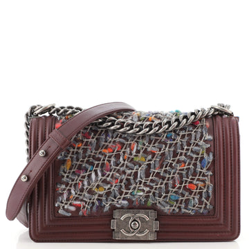 Chanel Boy Flap Bag Tweed and Chain Embellished Lambskin Old Medium