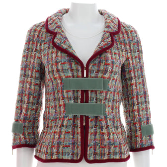 Chanel Women's Contrast Piping Belt Closure Cropped Jacket Tweed