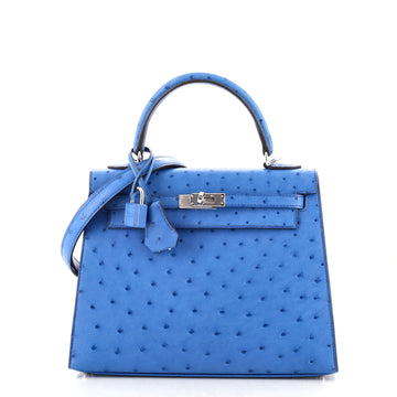 Hermes Kelly Handbag Blue Ostrich with Palladium Hardware 25