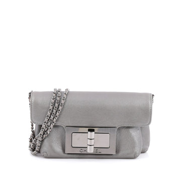 Chanel Giant Mademoiselle Lock Chain Shoulder Bag Leather Small Metallic Silver