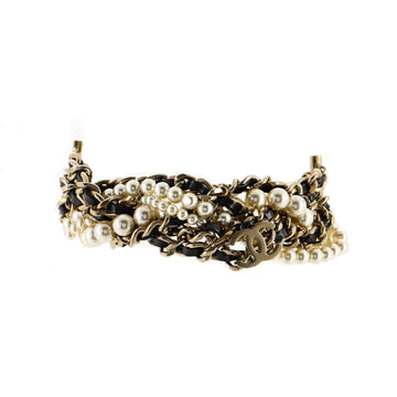 Chanel CC Multistrand Twisted Bracelet Metal with Leather and Faux Pearls