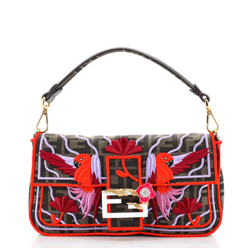 Fendi Baguette NM Bag Embroidered Zucca Canvas With Flower Motif Medium