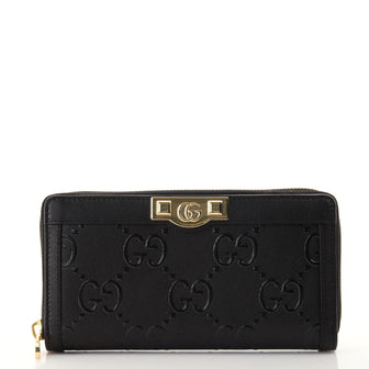 Gucci GG Plate Zip Around Wallet GG Embossed Leather Compact