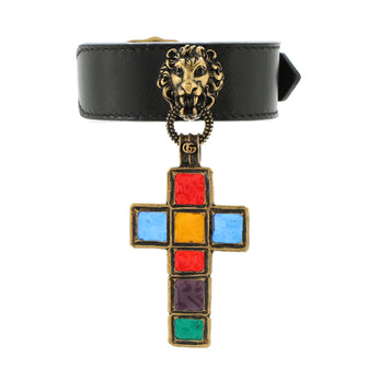 Gucci Lion Head Cross Charm Bracelet Leather and Metal with Enamel