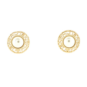 Chanel Logo Round Stud Earrings Metal and Faux Pearls
