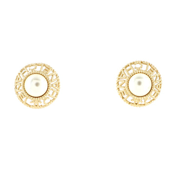 Chanel Logo Round Stud Earrings Metal and Faux Pearls
