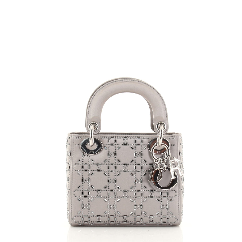 Christian Dior Lady Dior Bag Crystal Embellished Cannage Quilt Satin Mini  Gray 1376823