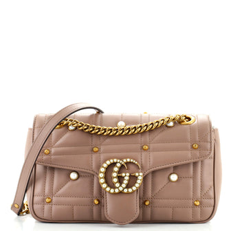 Gucci Pearly GG Marmont Flap Bag Embellished Matelasse Leather Small