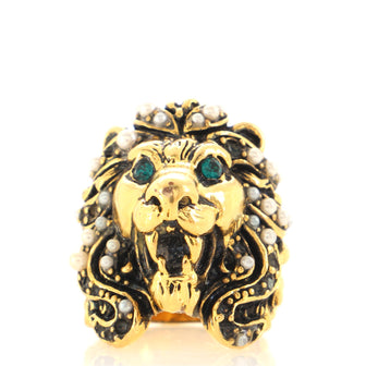 Gucci Lion Head Ring Crystal and Pearl Embellished Metal