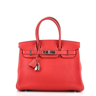 Hermes Birkin Handbag Red Clemence with Palladium Hardware 30