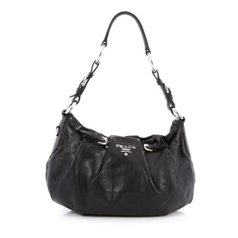 Prada Buckle Pleated Shoulder Bag Soft Calfskin Medium Black