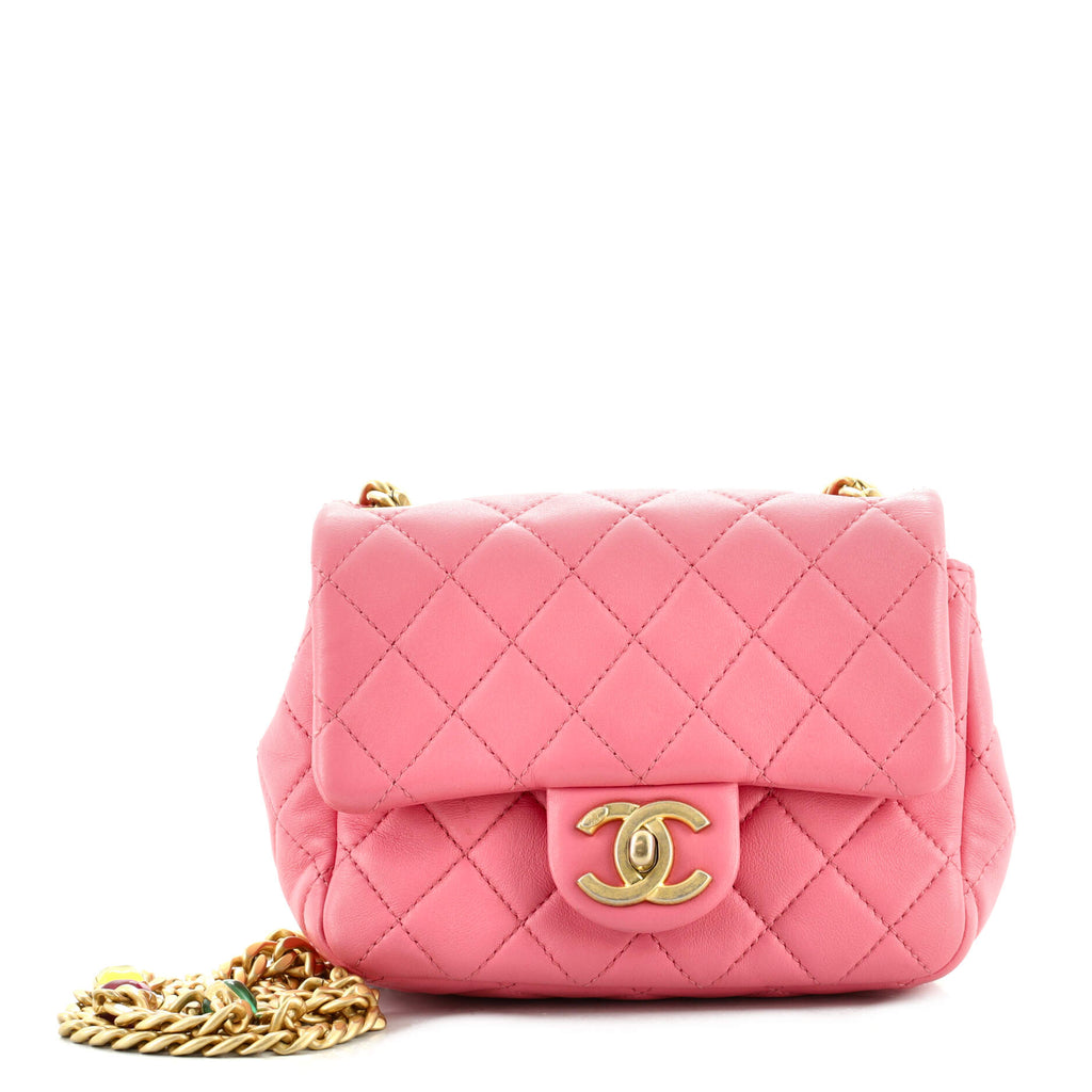 Chanel Pearl Samba Resin Chain Square Flap Bag Quilted Lambskin Mini Pink  1380402