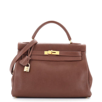 Hermes Kelly Handbag Brown Fjord with Gold Hardware 32