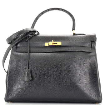 Hermes Kelly Handbag Black Ardennes with Gold Hardware 35