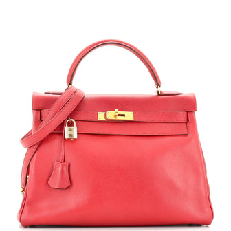 Hermes Kelly Handbag Red Courchevel with Gold Hardware 32