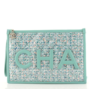 Chanel Logo Wristlet Clutch PVC Over Quilted Tweed Large