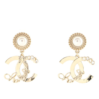 Chanel Coco Script CC Drop Earrings Metal with Faux Pearls and Crystals