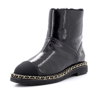 Chanel Women's Chain Around Cap Toe Ankle Boots Crumpled Calfskin and Shearling