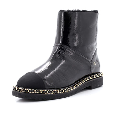 Chanel Women's Chain Around Cap Toe Ankle Boots Crumpled Calfskin and Shearling